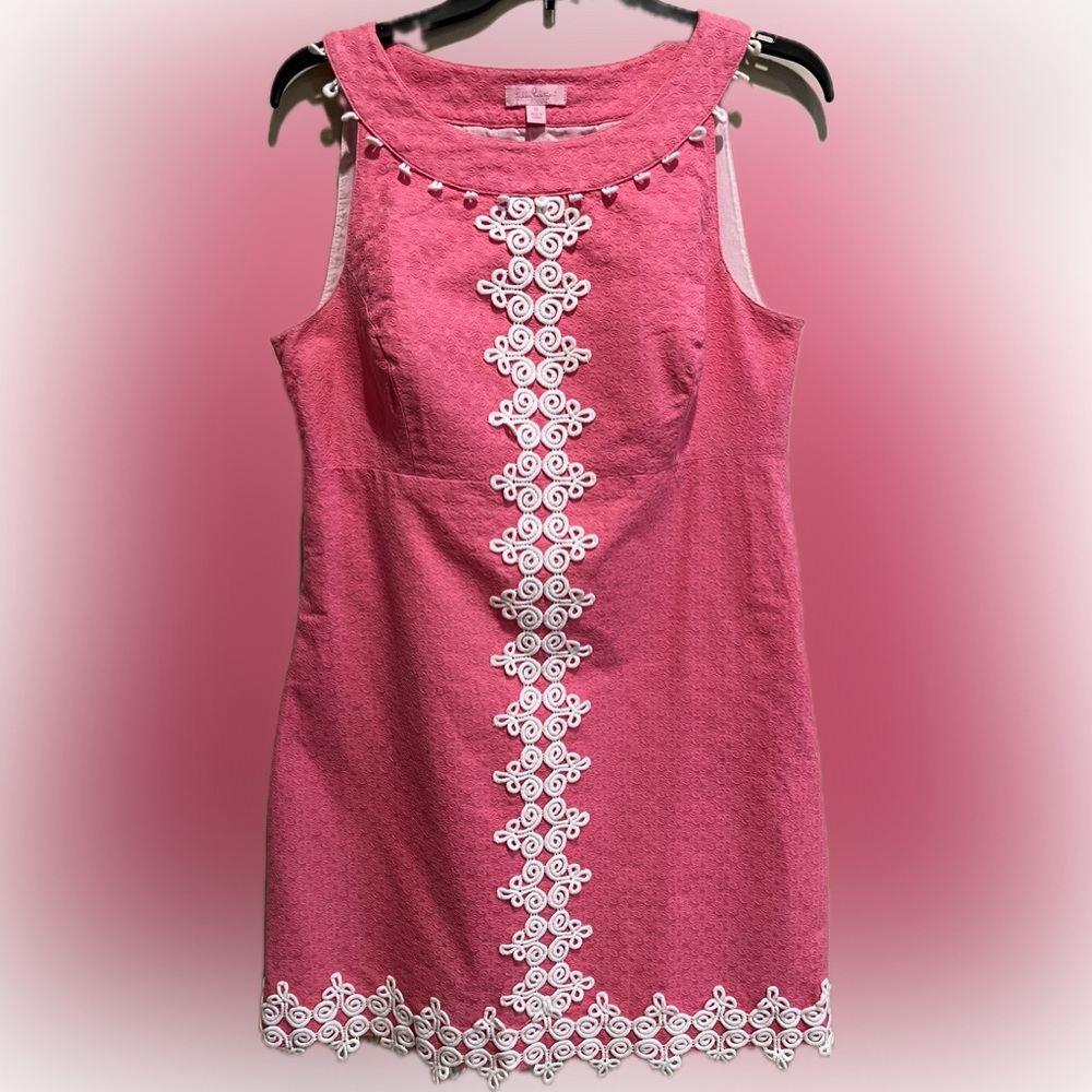 Lilly Pulitzer Dress Hot Pink Sleeveless Mini with White Lace Trim -Size 10 - Picture 12 of 13